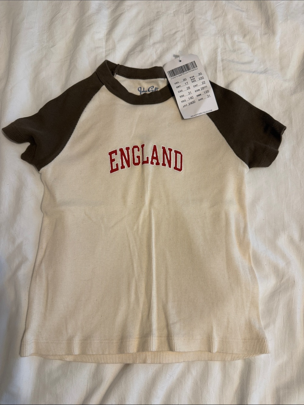 Brandy Melville England Graphic Raglan Tee - Brown & Cream NWT